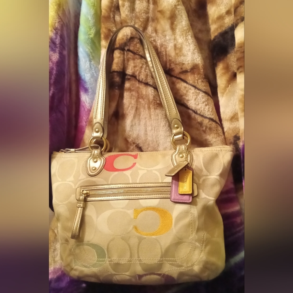 Coach Poppy C Embossed Logo Multicolor Signature Tote Shoulder Bag EUC 2012